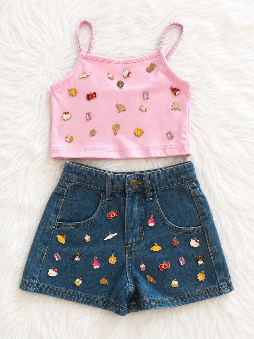 Lola and the Boys Hello Kitty Charm Denim Shorts & Crop Top Set Size 4 NWT
